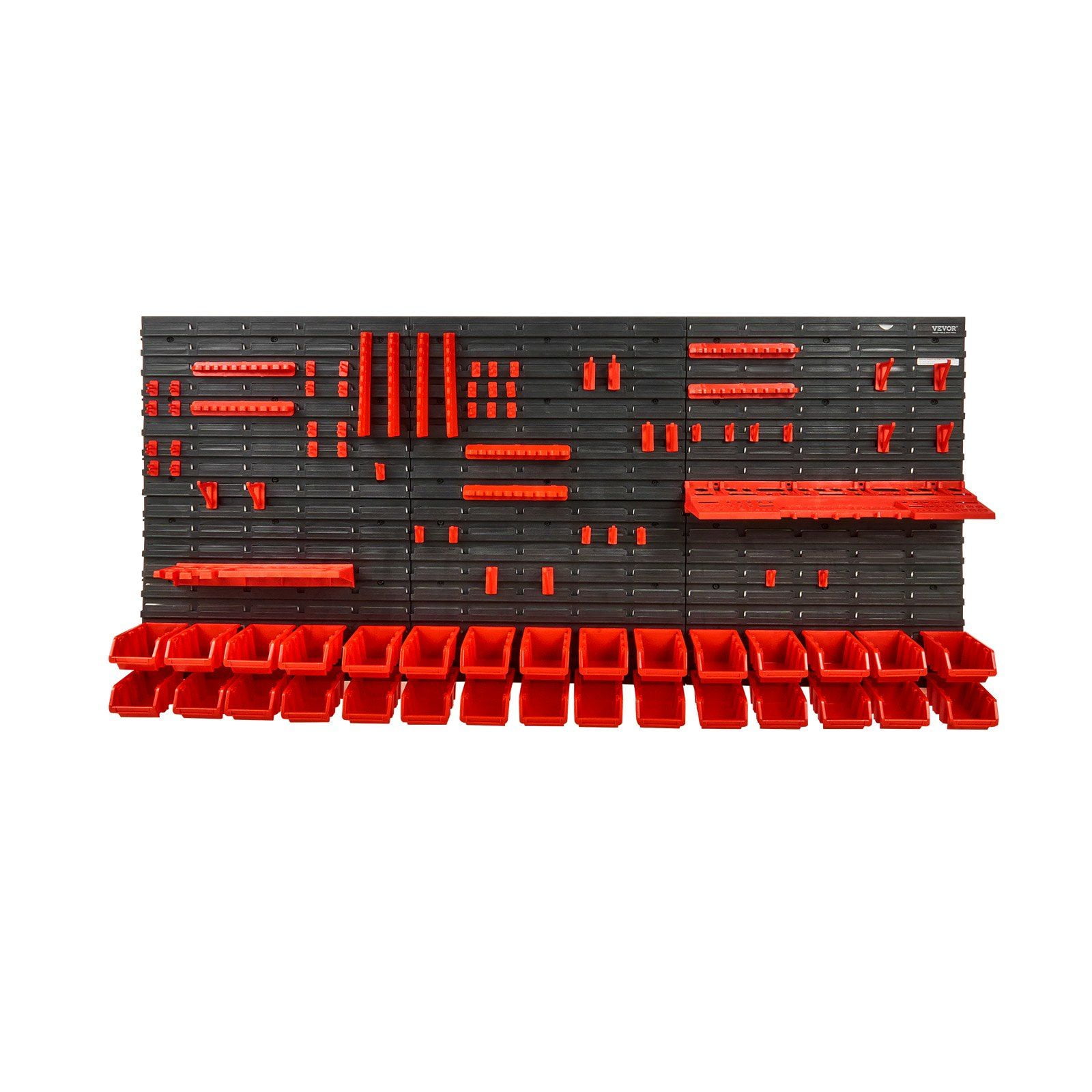 CAFORKP 30-Bin Garage Tool Organizer Wall Rack with Removable Bins, Wall Panels & Hooks - Heavy Duty Storage for Nuts, Bolts, Screws, Craft Supplies in Black and Red
