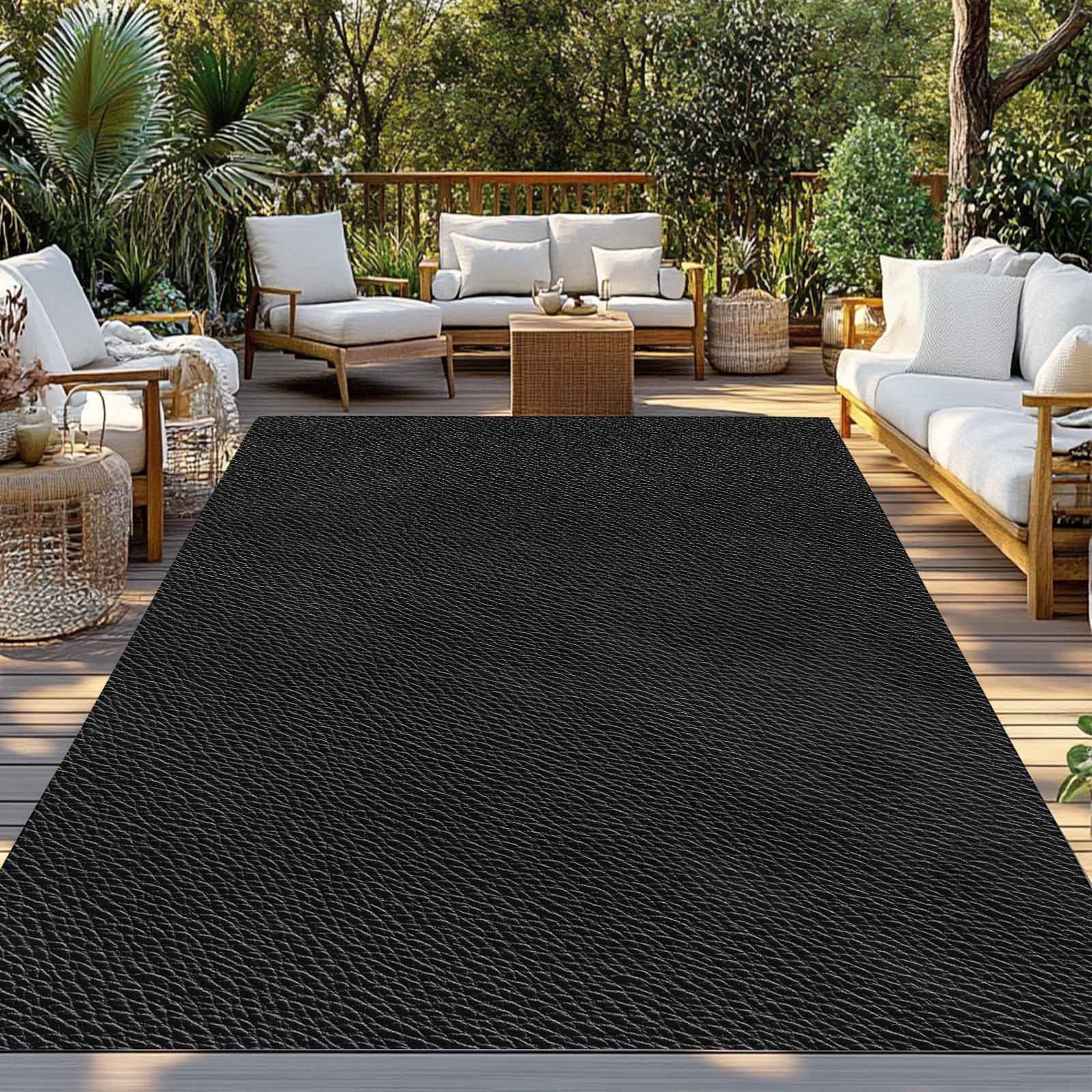 Fsddascl Solid Black Outdoor Rug for Patio/Deck/Porch, Non-Slip Large Area Rug 5 x 8 Ft, Retro Minimalism Abstract Denim Texture Indoor Outdoor Rugs Washable Area Rugs, Reversible Camping Rug Carpet