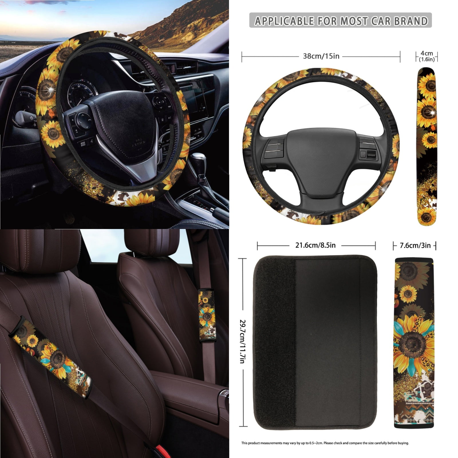 Garronmavis Aztec Sunflower 15 Pack Car Accessories Sets 4 Pieces Car Seat Covers Steering Wheel Cover Keychain Car Trash Bag Car Pouch Organizer Auto Rear View Mirror Covers Car Coasters