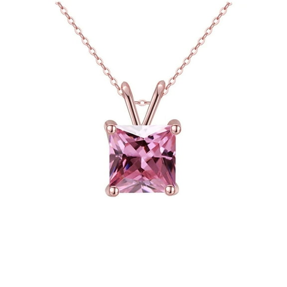 18K Rose Gold 2 Ct Created Pink Sapphire Princess Stud Necklace 18 inch Plated by Paris Jewelry