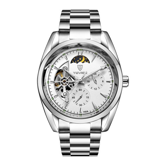 TEVISE TEVISE Semi-Automatic Men's Watch with Moon Phase, Luminous Hands, and Water-Resistant Design, Silver Stainless Steel Band, 42mm Dial