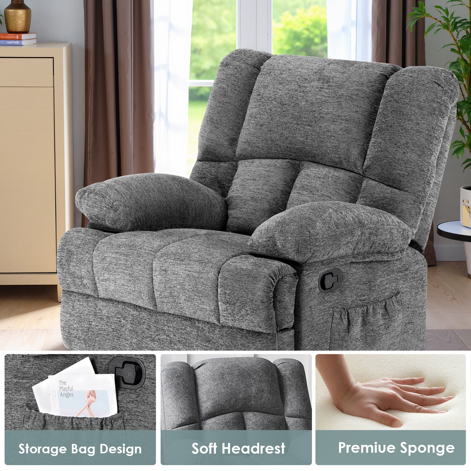 MAYEERTY Limestone Oversized Rocking Recliner Sofa for Adults, Chenille, Ergonomic, Perfect for Living Room