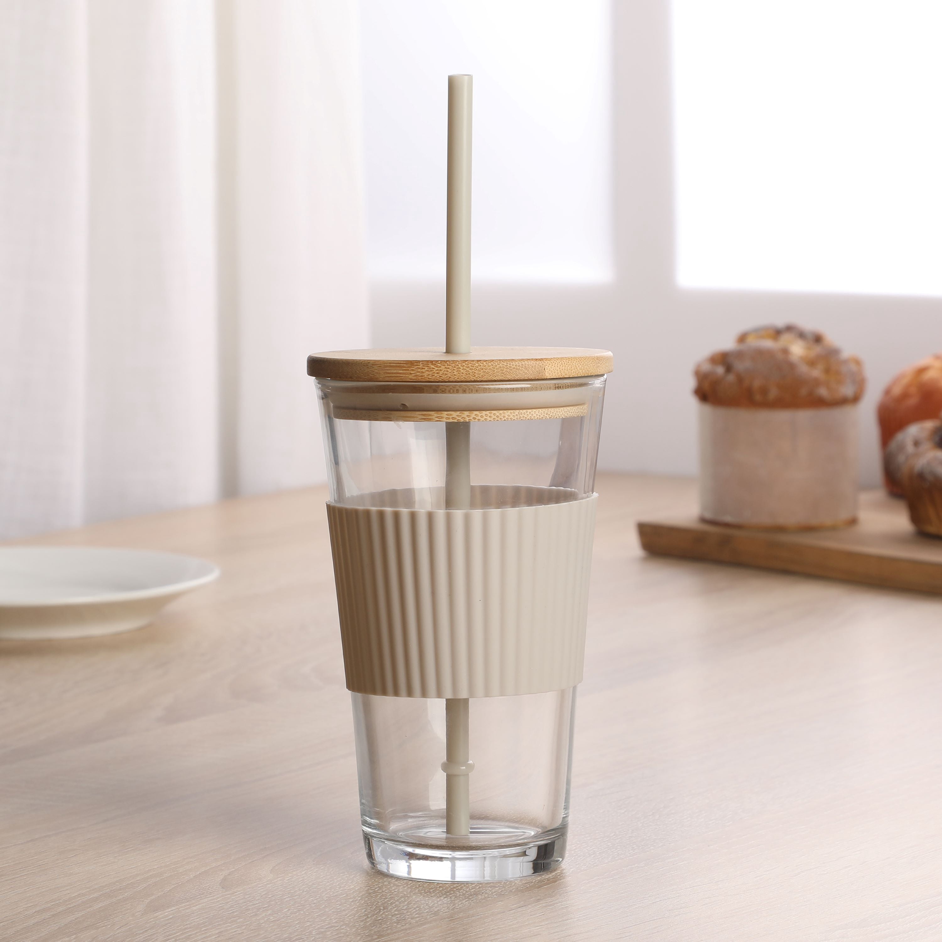 Mainstays 14.5oz Glass Sipper Beige Glass Cup