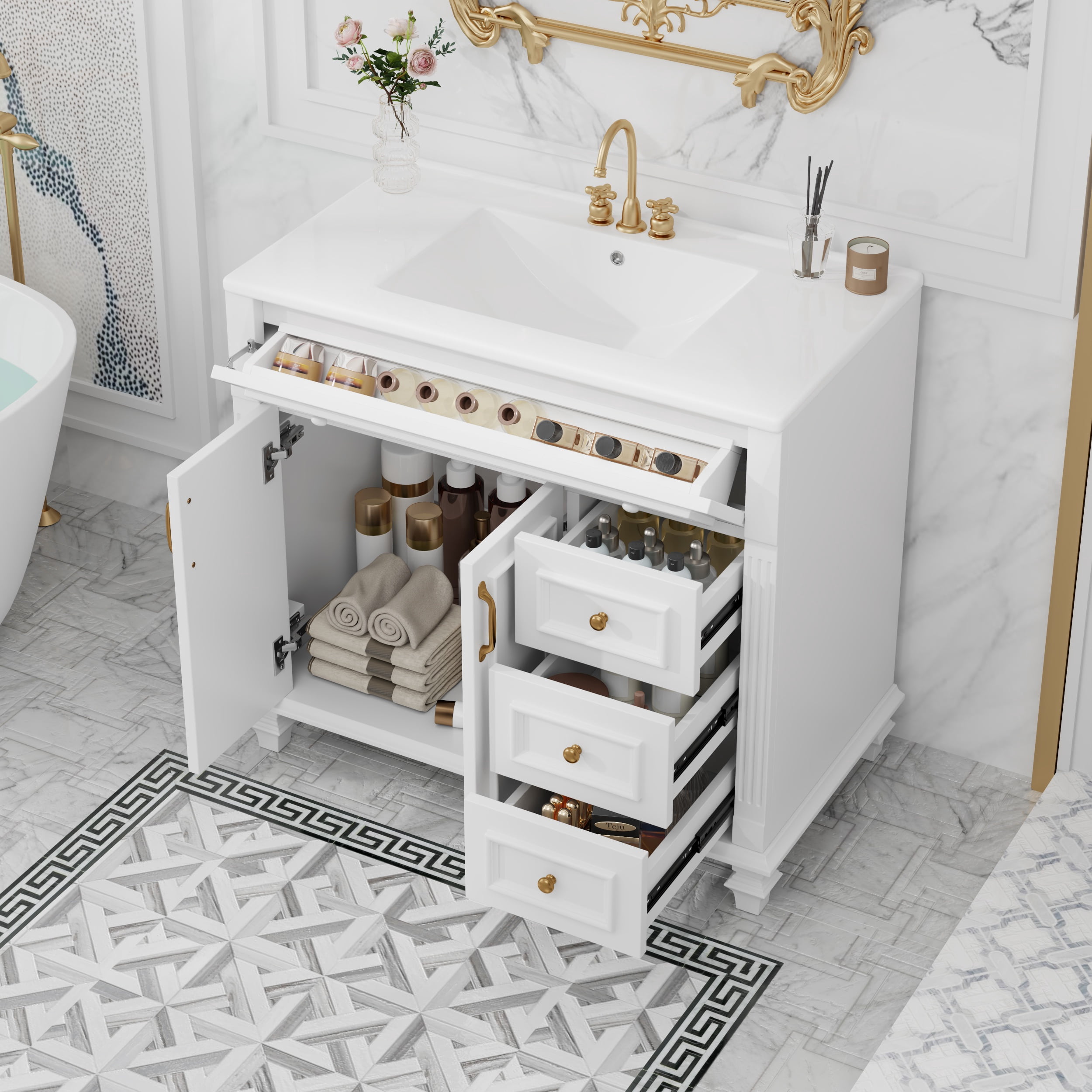 PORKISS 36" Bathroom Vanity with Ceramic Sink, Freestanding Bathroom Storage Cabinet with Flip-Out Drawer, 3 Drawers and 2 Doors, Wood Bathroom Vanity Cabinet with Gold Hardware, White