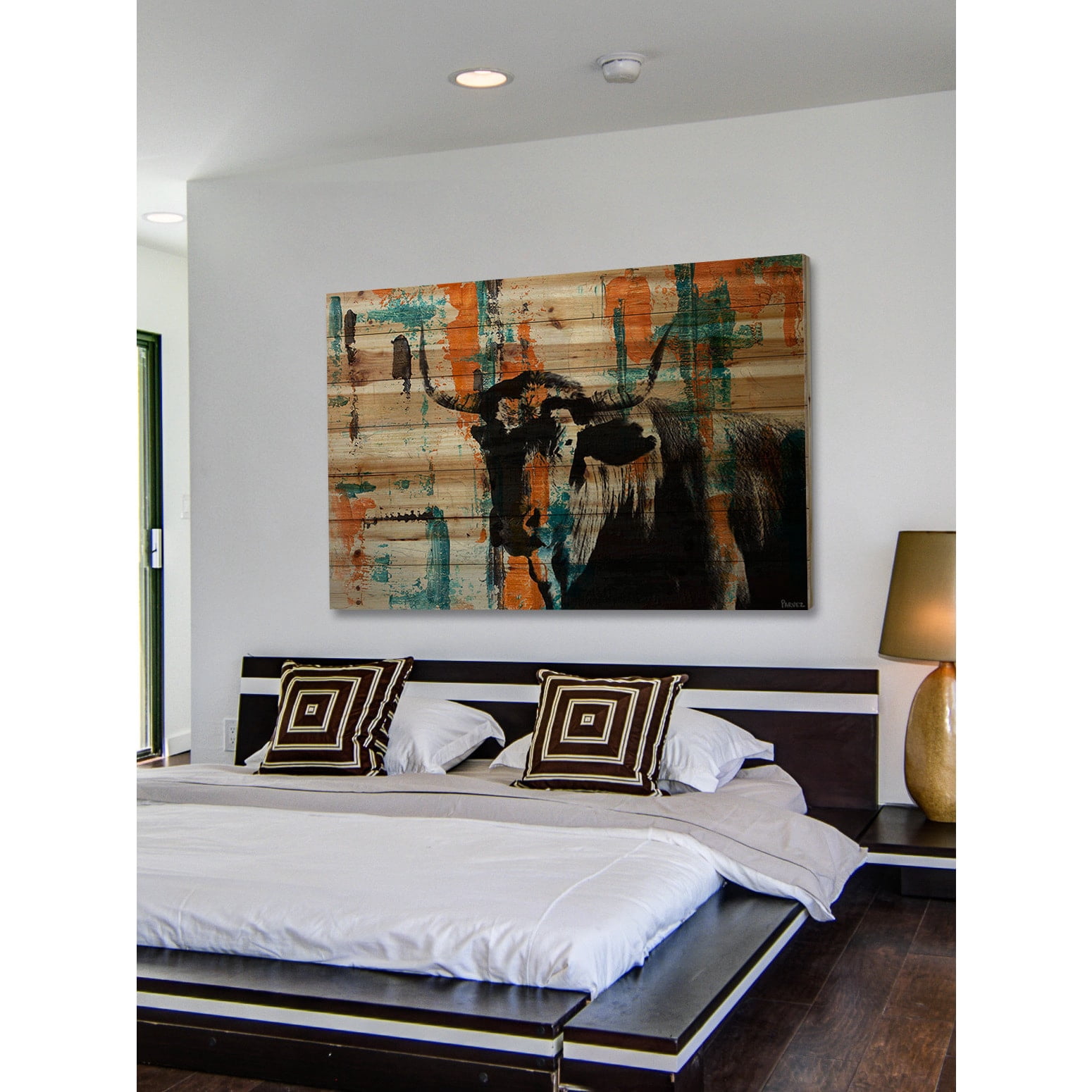 "Orange Teal Steer" Painting Print on Natural Pine Wood