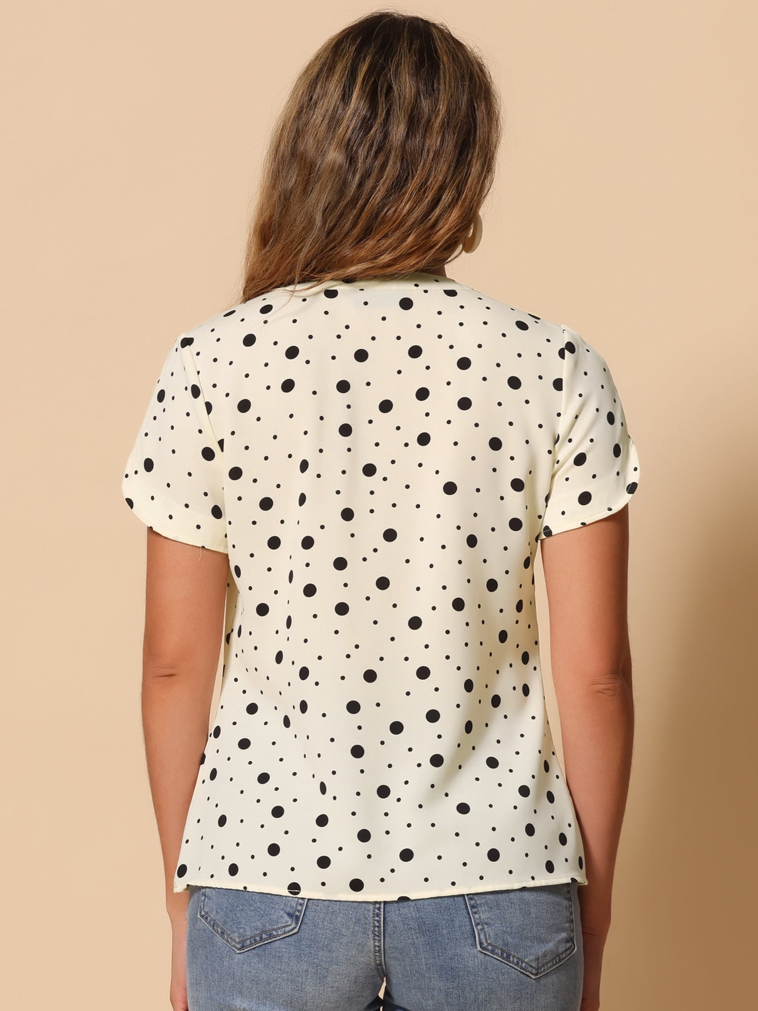 DARING DIVA V Neck Dots Printed Short Sleeve Blouse Top M Black-Apricot