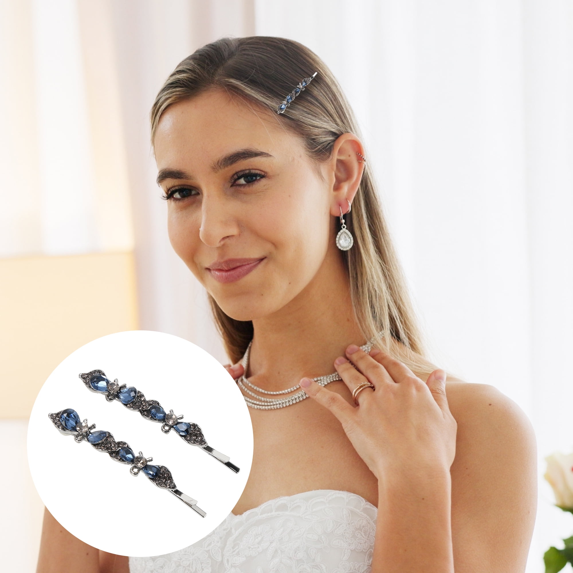 Unique Bargains Rhinestone Bow Bobby Pin Set 2 Hairstyles Blue, Black