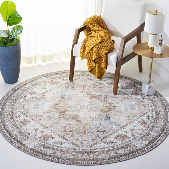 SAFAVIEH Tucson Jayla Oriental Machine Washable Area Rug, Beige/Gray, 7' x 7' Round