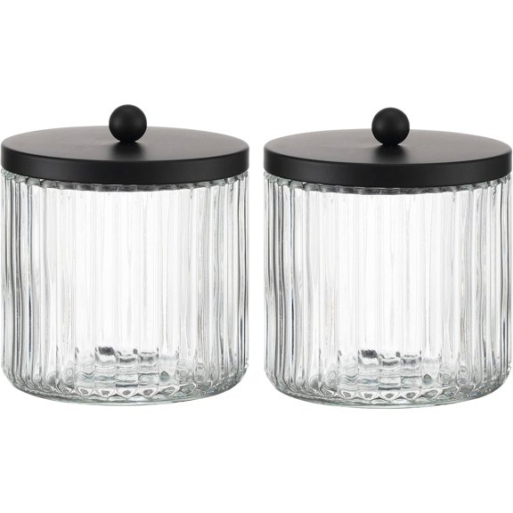 2-Pack Glass Qtip Holder Dispenser Set - Bathroom Canister Storage Organizer for Cotton Balls, Swabs, Floss Picks, and Makeup Sponges with Matte Black Metal Lid - Clear Vanity Apothecary Jars