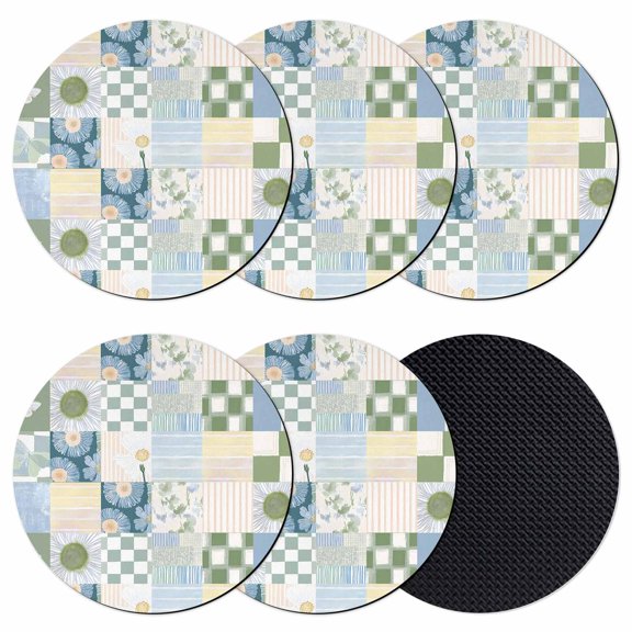 Spring Floral Checkered Coasters Set of 6, Absorbent Coasters for Drinks, Sage Green Daisy Buffalo Plaid Coaster for Desk Coffee Table Protection, Home Decor House Warming Gifts 4"