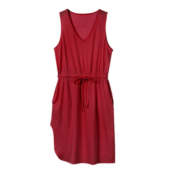 Women's Summer Casual Sleeveless Tank Dress V Neck Tie Waist Pocket Tshirt Dresses Solid Color Loose Midi Dress