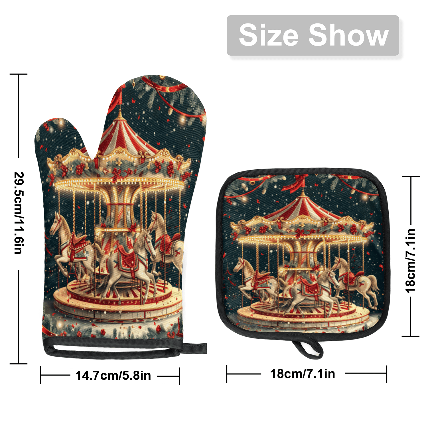 CURLYOOT Christmas Carousel Horse Oven Mitts and Pot Holders Sets of 2, Non-Slip Washable Hot Pads and Oven Gloves for Kitchen Cooking Baking