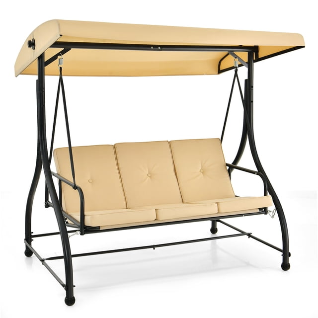 Gymax Balançoire de Patio Extérieure 3 Places Convertible avec Auvent Ajustable en beige. Cette Balançoire de Porche Présente un Cadre Métallique Noir Robuste, un Siège Coussiné de 57 Pouces de Large pour jusqu'à Trois Personnes, et un Auvent Réglable à 45° pour la protection contre le Soleil et la Pluie. la Balançoire Peut Se Convertir en Lit en Ajustant le Dossier et en Fixant le Mousqueton. Idéale pour les Espaces Extérieurs comme les patios, les Vérandas Ou les Jardins.