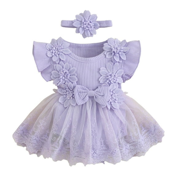 Wxirdiow Baby Girl Clothes Baby Girl Clothes Newborn Romper Dress Infant Lace Ruffle Sleeveless Summer Outfits with Headband Purple Size,12-18 Months
