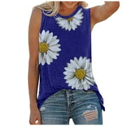 Olyvenn Womens Sleeveless Tank T-Shirts Tops Casual Plus Size Loose Women Summer Tops O-neck Daisy Print Graphic Blouse For Women 2022