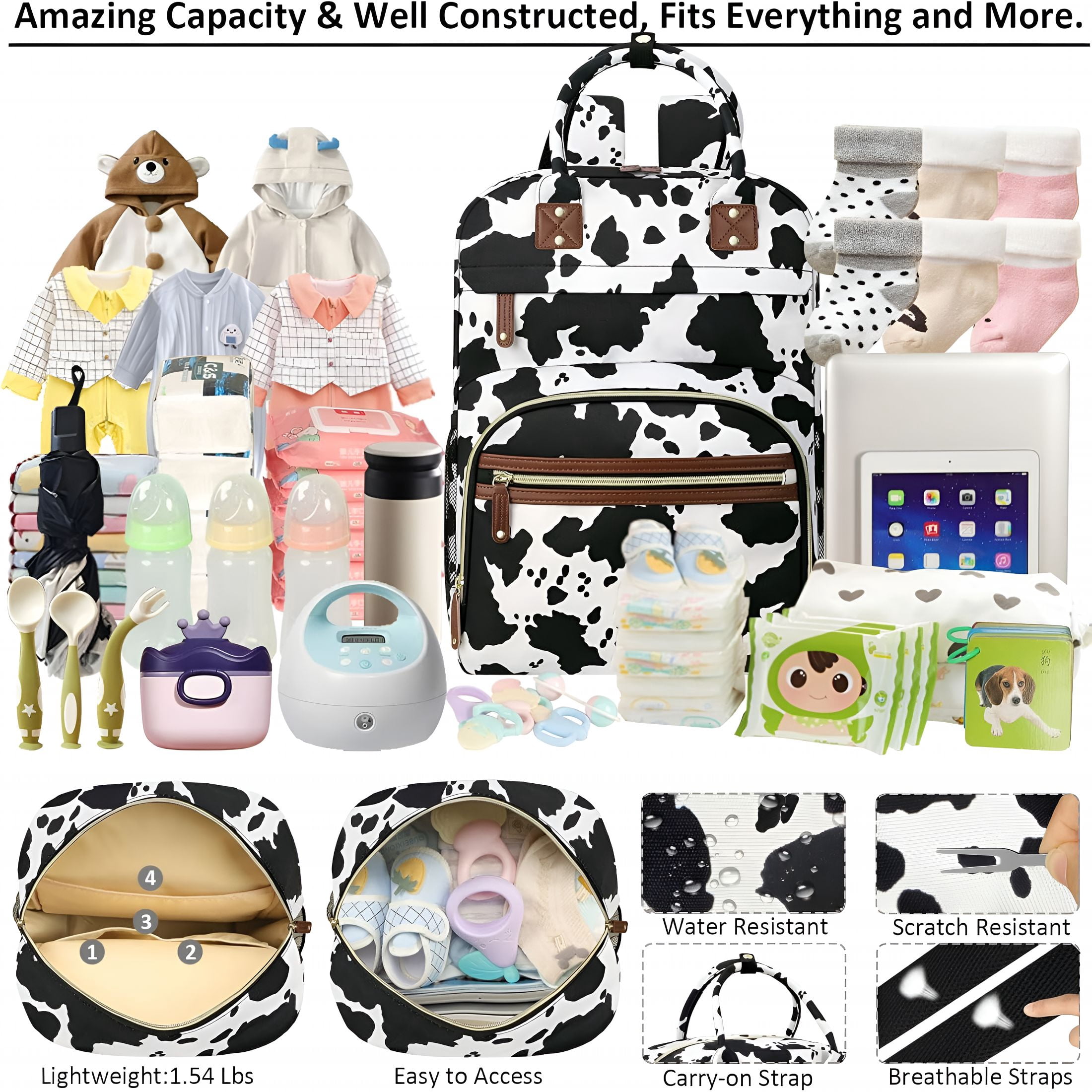 GASTROPOD Large Capacity Baby Diaper Bag Backpack with Insulated Pockets,Waterproof,Stylish Cow Print Design,Suitable for Boys and Girls