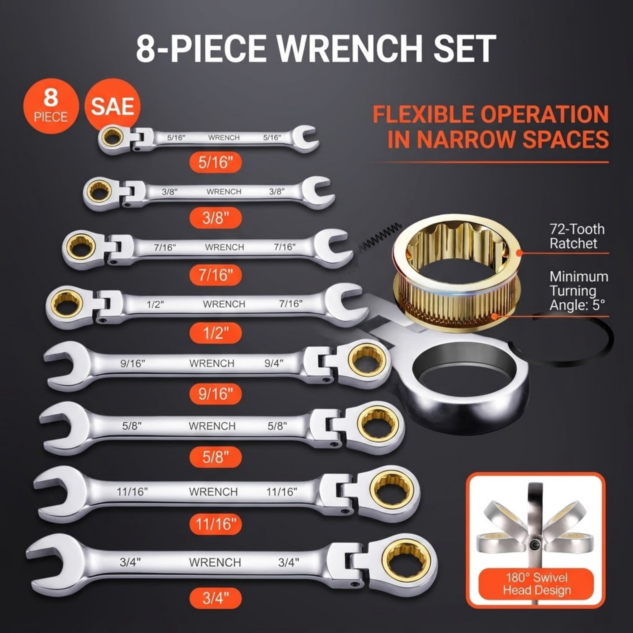 8-Piece Flex-Head Ratcheting Wrench Set, SAE 5/16" to 3/4" Combination Wrench Set with Roll-up Pouch, Cr-V Steel