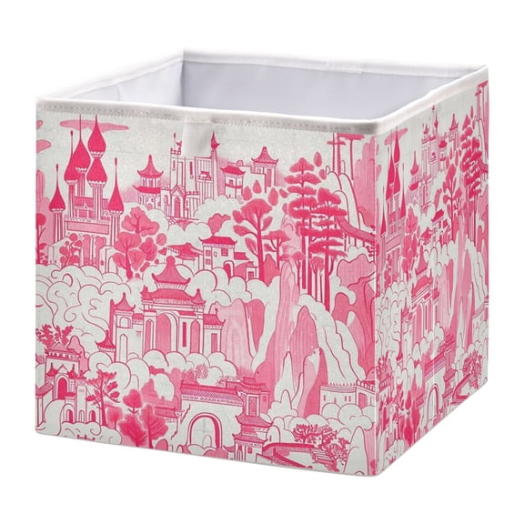 Cabinet Storage Basket 11.02x11.02x11.02 Inches Storage Box Foldable, Storable and Easy to Assemble ，Open Home Storage Bins ，Closet Storage Bins Pink House and Tree