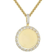 Mens Round Medallion Memory Picture Photo Frame Icy Custom Hip Hop Pendant 14K Yellow Gold Tone Free Box Chain