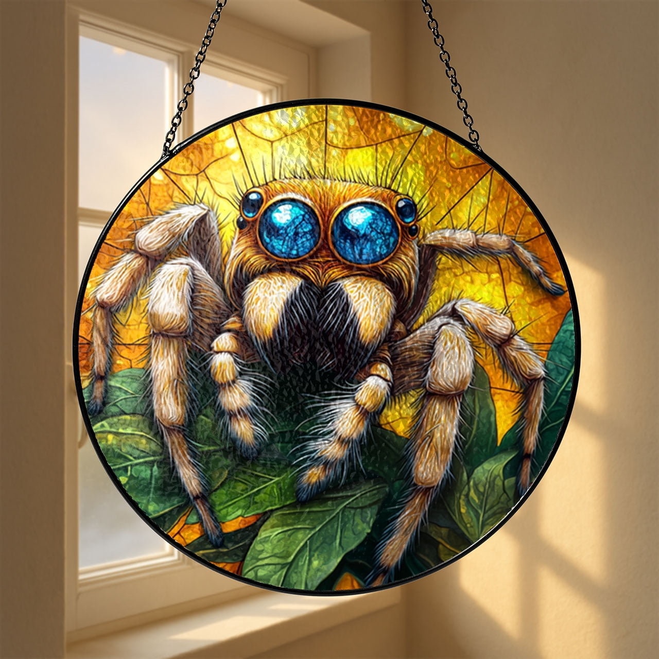 Real Glass Jumping Spider Window Hanging, Stained Glass Style Nature Decor