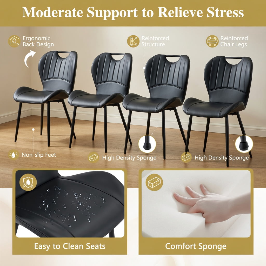 Hommoo 4-Pack PU Leather Dining Chairs with Ergonomic Support, Metal Frame & Adjustable Leveling Feet, Modern Home & Apartment Dining Set, Black