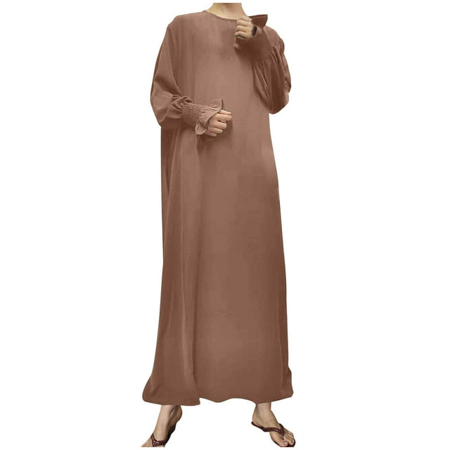 cfhntfmh Robes Décontractées pour Femmes Automne Amples Col Rond Manches Longues Bouffantes Longue Robe Maxi Fluide Couleur Unie Robe T-Shirts