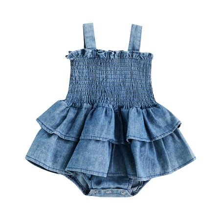

Baby Girl Denim Rompers Sleeveless Suspender Pleated Ruffle Hem Bottom Snap Jumpsuits Dress Clothes