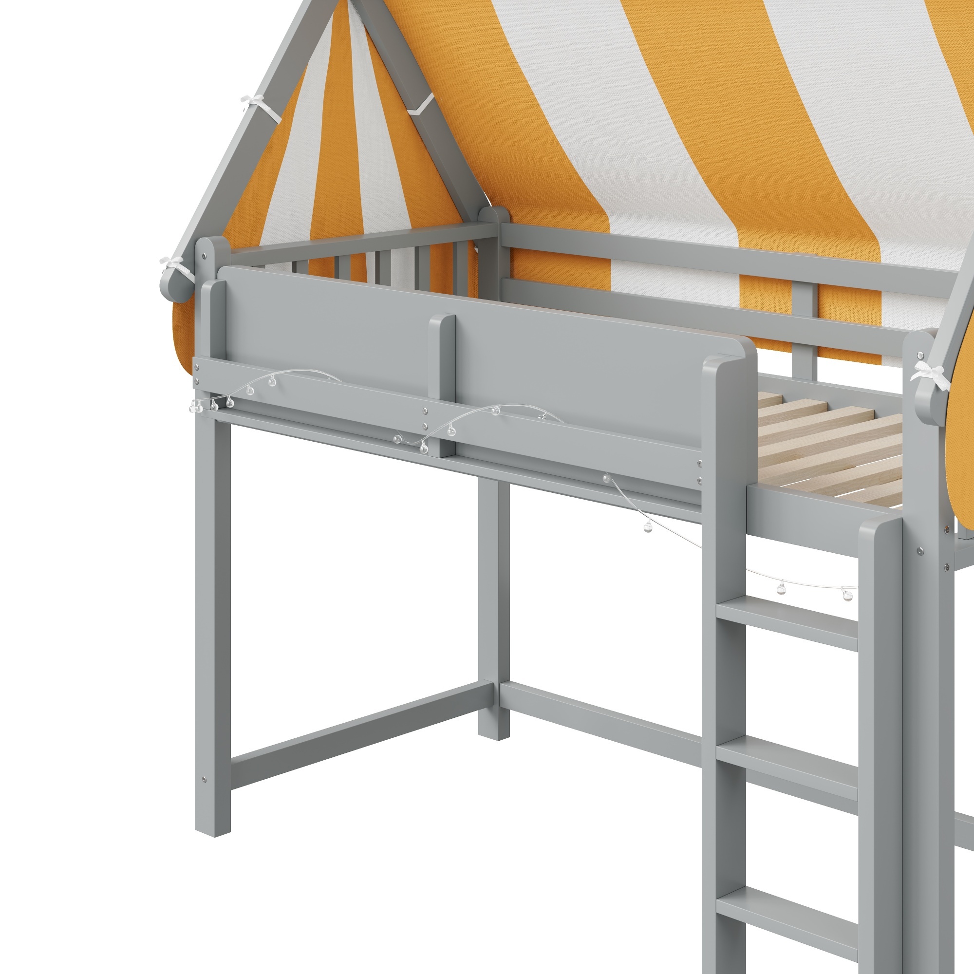 Euroco Wood Full Size Loft Bed with Shelves, House Canopy Bed with LED Light, Gray