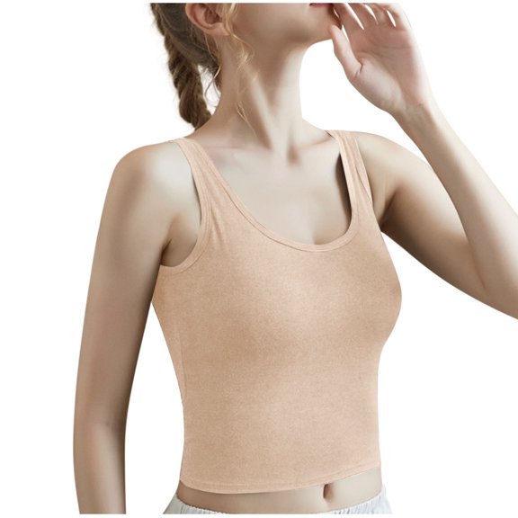Ovbmpzd Tank Top for Women with Built in Bra Spaghetti Straps Cropped Beige Cotton Camisole Sleeveless Spring Summer Shirt Womens Tops L