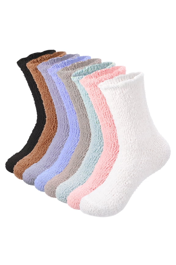8 Pair Fuzzy Socks for Women,Soft Warm Floor Coral Fleece Sock,Premium Microfiber Plush Slipper Sock for Sleeping,Lounging and Gifts,Size 5-9, Black/White/Grey/Pink/ Blue/Khaki/Green/Brown