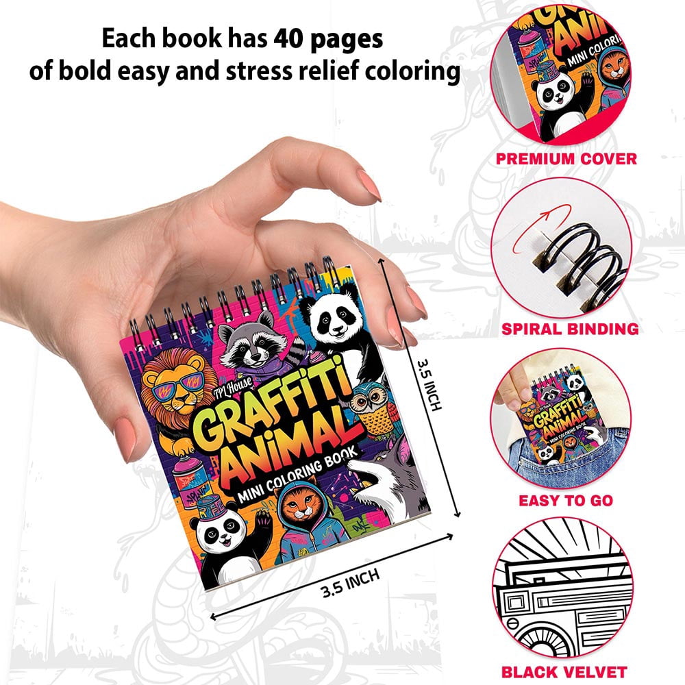 Graffiti Mini Coloring Book Spiral Bound for Adult, Pack 6, 3.5” x 3.5” Pocket Size, 40 Coloring Pages Stress & Anxiety Relief, Travel for Women Men