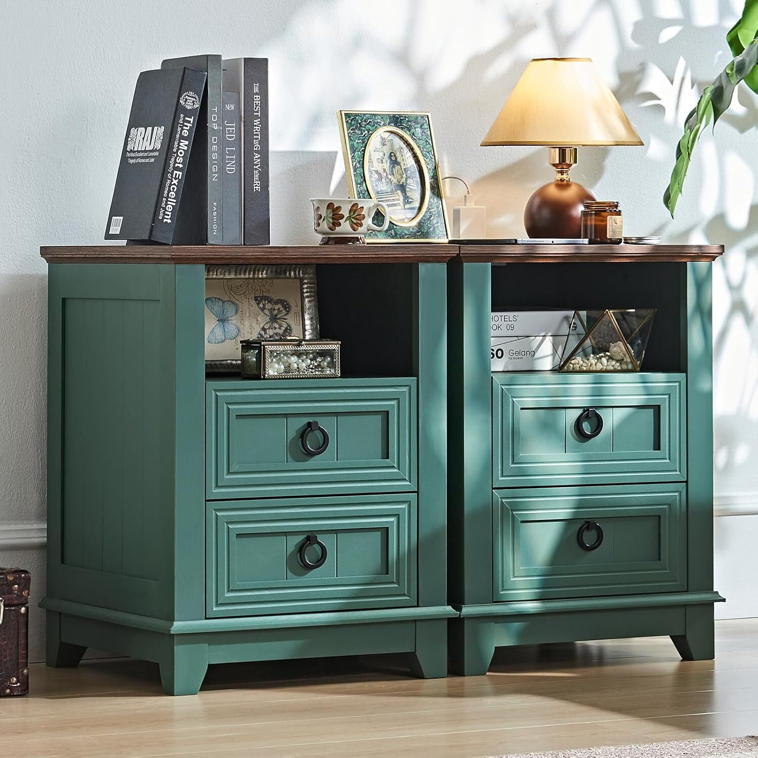 2 Pcs Joaxswe Farmhouse 18" Nightstand with Charging Station, Rustic Metal Wood End Tables with 2 Drawers, Adult Side Tables for Living Room, Green