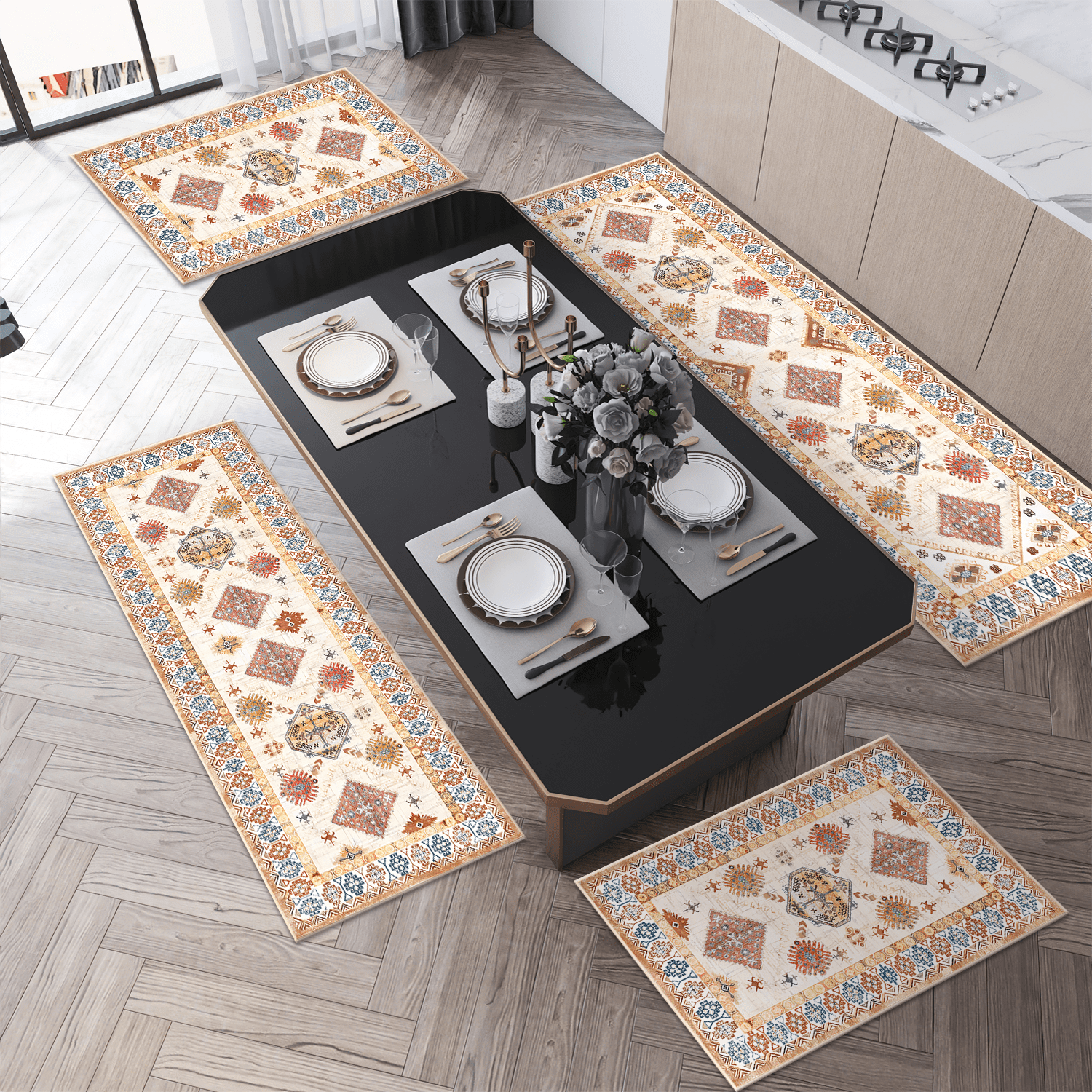 3 Pieces Kitchen Rug Sets with Runner Non Slip Washable Mats for Floor Thick Kitchen Floor Mat Carpet Runner Rugs for Hallway Laundry Holiday Decor