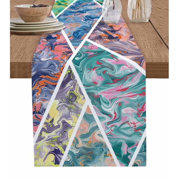 Ldtrchee Contemporary Geometric Table Runner 70 Inches, Modern Marble Abstract Art Bed Runner Dresser Scarves Tabletop for Indoor Outdoor Parties/Ceremony/Banquet, 13" x 70"