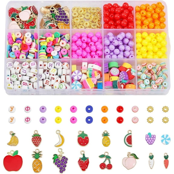 1Box 1262Pcs Polymer Clay Beads Fruits Beads DIY Kit Colorful Spacer Beads Pineapple Carrot Cherry Alloy Enamel Pendants Bracelet Making Kit for Jewelry Bracelets Earrings Necklace Making