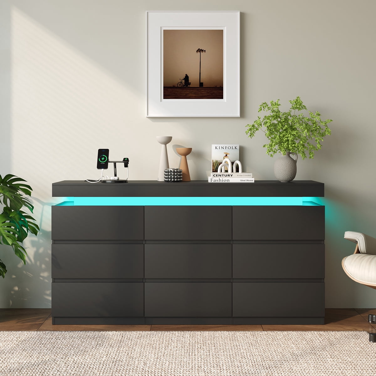 Modern 9-Drawer Dresser with Power Outlet - Storage Cabinet with LED Lights, Wide Chest of Drawers with Charging Station, Organizer for Bedroom, Closet, Living Room