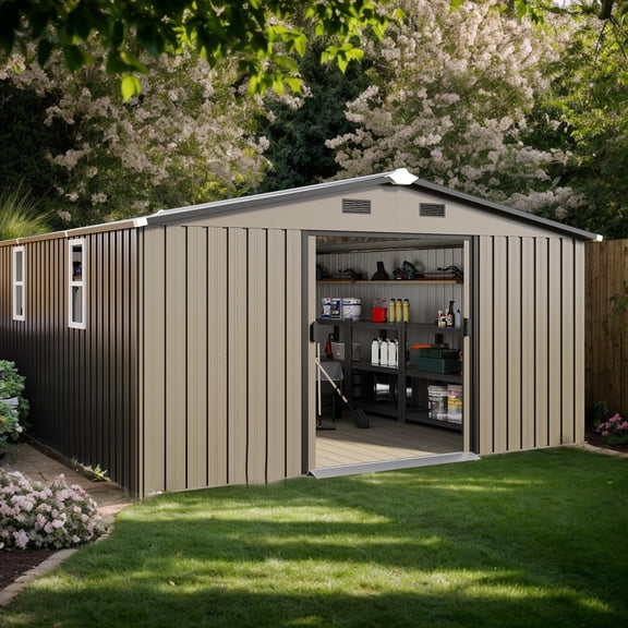 HOQBN 10x12FT Outdoor Storage Shed, Outdoor Storage with Lockable Doors & Two Daylight Windows for Backyard Garden Patio Brown