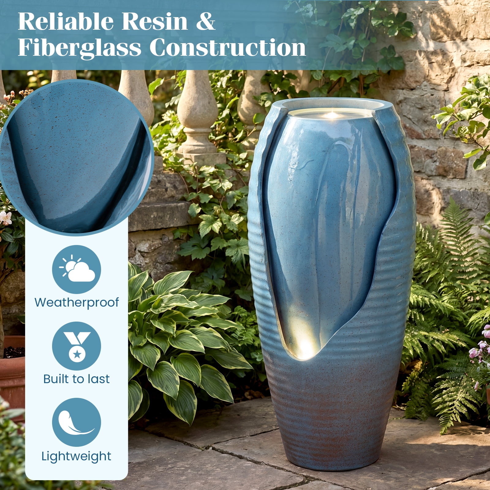 Costway 32” Tall Jar Water Fountain with LED Lights & Pump for Garden Patio Yard Porch