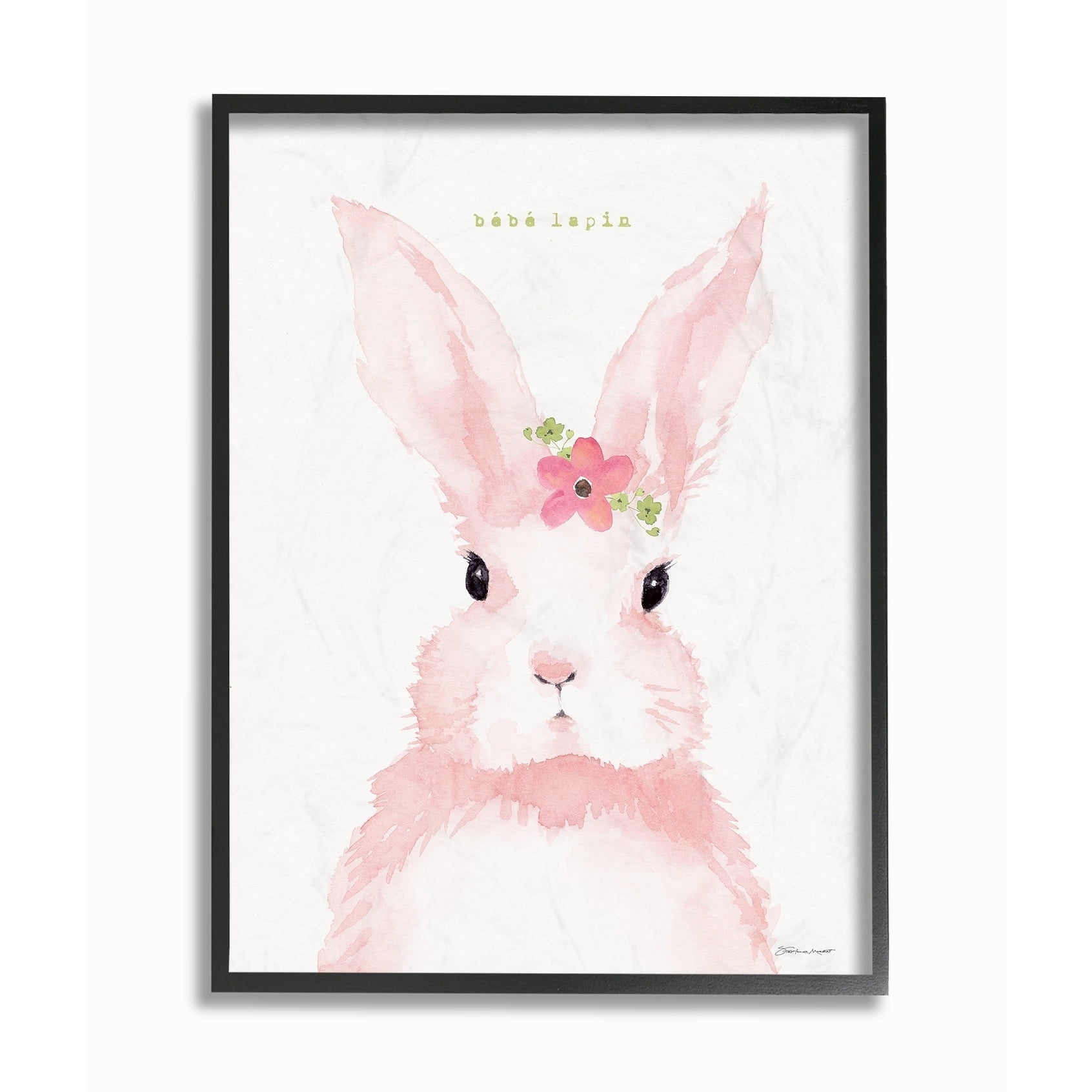 Stupell Baby Lapin French Pink Watercolor Bunny with Flower Framed Art, 11 x 14, Proudly Made Domestically - Multi-Color 11 x 14