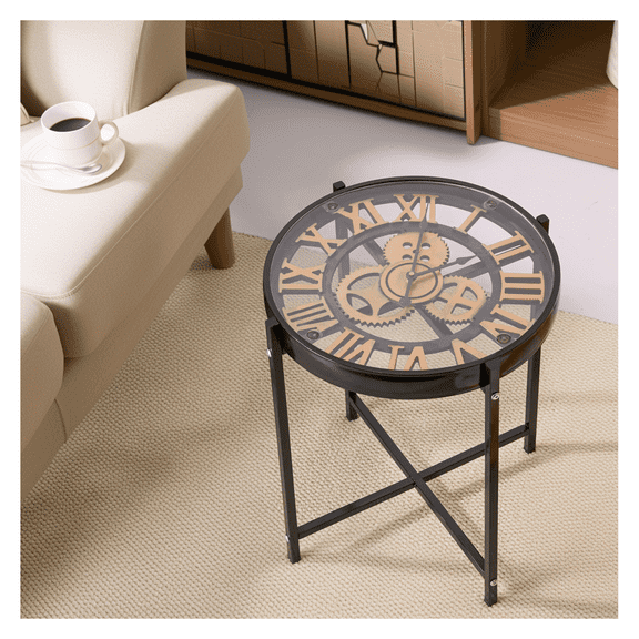 Industrial Style Mechanical Clock Coffee Table, Side Table, Glass Metal End table for living room, bedroom, Office black