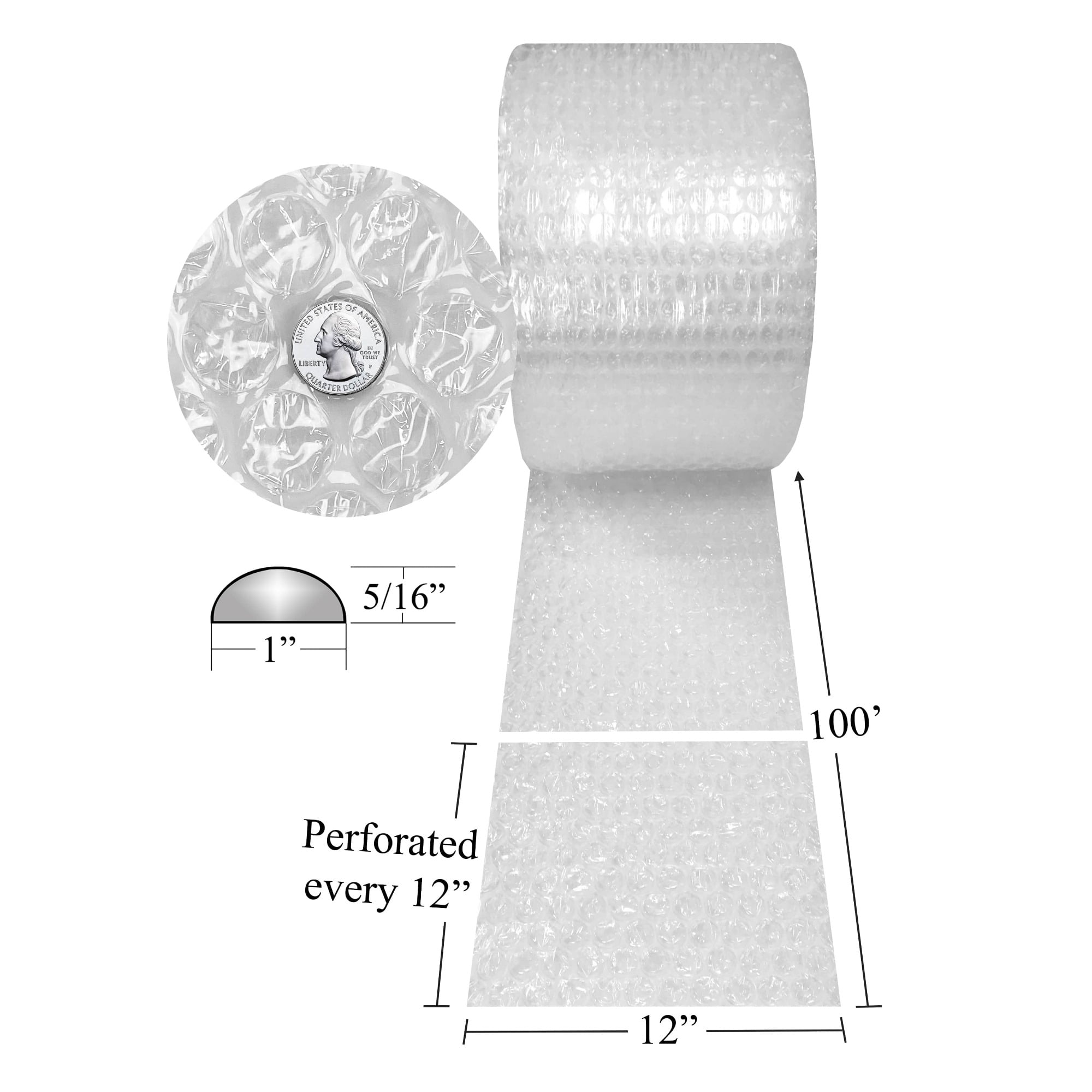UBMOVE Perforated 100' x 12" with 5/16" Clear Bubble Wrap Rolls, 1 Count, 1 Pack
