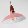 thumbnail image 3 of FSLiving Swag Pendant Light with Industrial Pulley Design , 15ft Plug-in Cord with Wheel Exterior Pink and Interior White Macaron Iron Shade, Wooden Socket, Remote Control Dimmer LED Edison Bulbs, 3 of 9