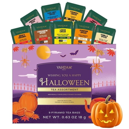 VAHDAM Limited Edition Halloween Tea Gift Basket | 9 Premium Variety Pyramid Tea Bags | Halloween Gifts for Women Men and Adults I Tea Gift Set