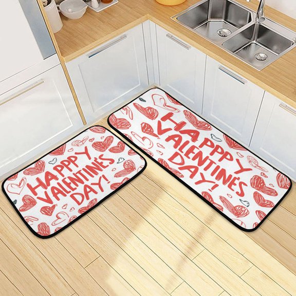 Kitchen Rugs and Mats【2 PCS】Non Skid Red Pattern Of Hearts Creative Kitchen Mat