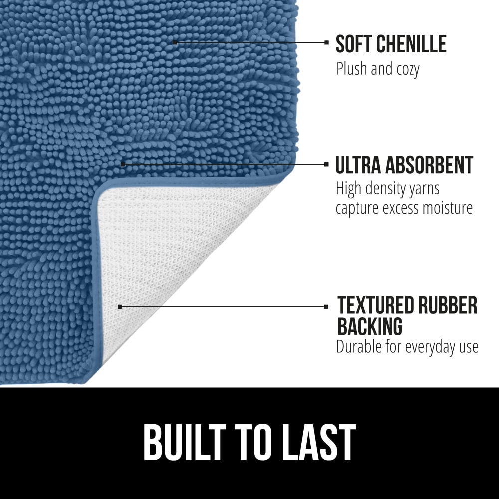 GORILLA GRIP Chenille Bath Rug 24x17, Rubber Backing Quick Dry Washable Microfiber Mats, Blue