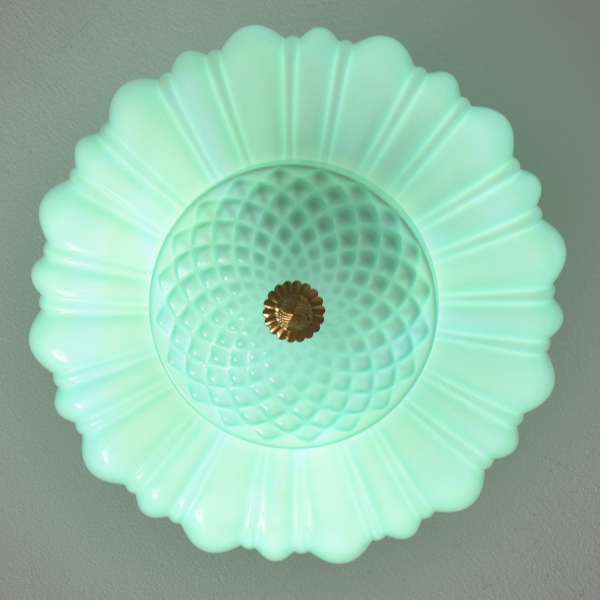 Parrot Uncle 14" Schoolhouse Flush Mount Ceiling Light, Mint Fluted Glass & Gold Base, 3-Light Vintage Close-to-Ceiling Fixture for Low Ceilings, Hallway, Kitchen & Bedroom