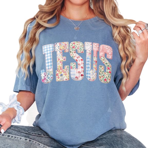 Jesus Floral Christian Graphic Casual T-Shirt for Women