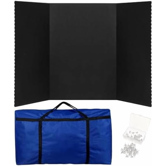 Trifold Poster Board with Storage Bag and Nails 72 x 36 Inch Black Hook and Loop Fabric Foldable 3 Panel Presentation Board for Science Fair and Exhibitions$$Office