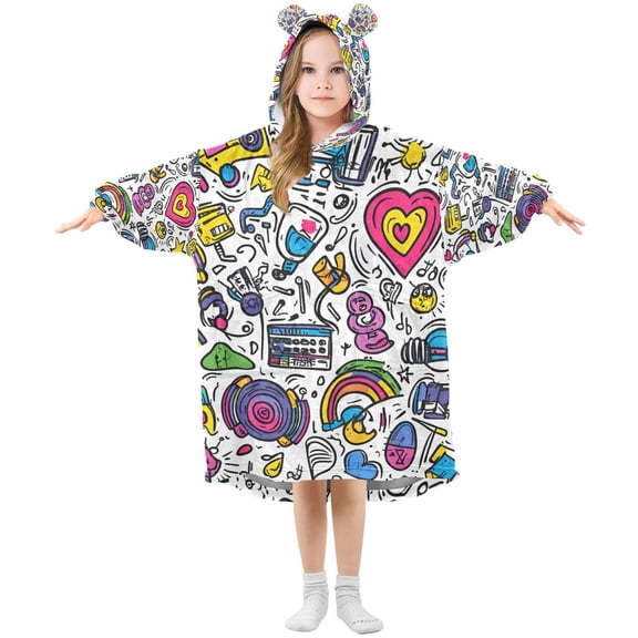 FORMRS Wearable Blanket Hoodie with Sleeves for Kids Cozy Flannel Sweatshirt, White Doodle Pattern