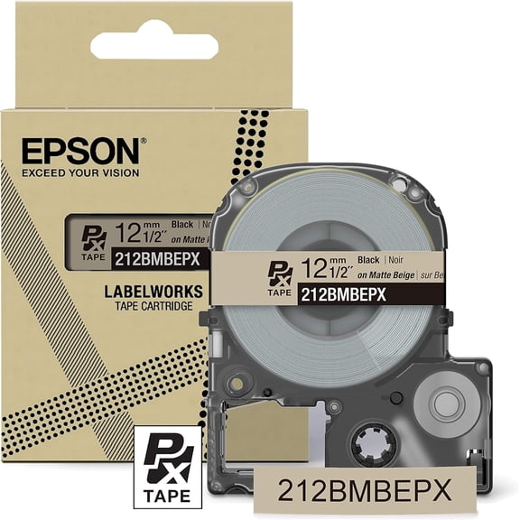 Epson LABELWORKS 212BMBEPX - Black on Matte Beige PET Label Maker Tape - 1/2" (12MM) Wide, 26'